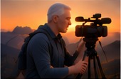 Filmmaker working with a camera at sunset